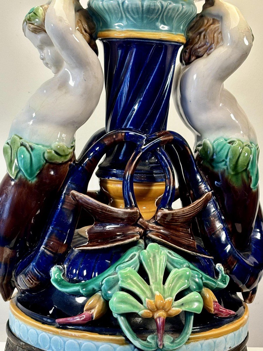 Sarreguemines Earthenware Table Lamp, Decorated With Marine Putti, 19th Century-photo-1