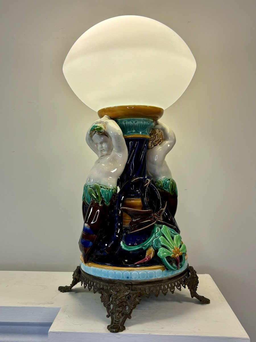 Sarreguemines Earthenware Table Lamp, Decorated With Marine Putti, 19th Century