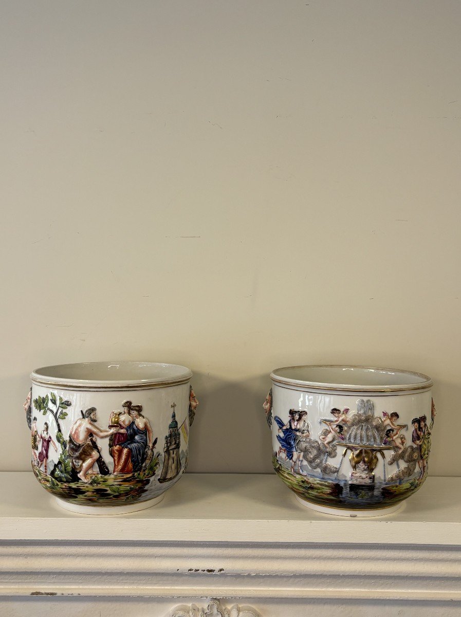 Pair Of Polychrome Enamelled Porcelain Planters, Capodimonte, 19th Century