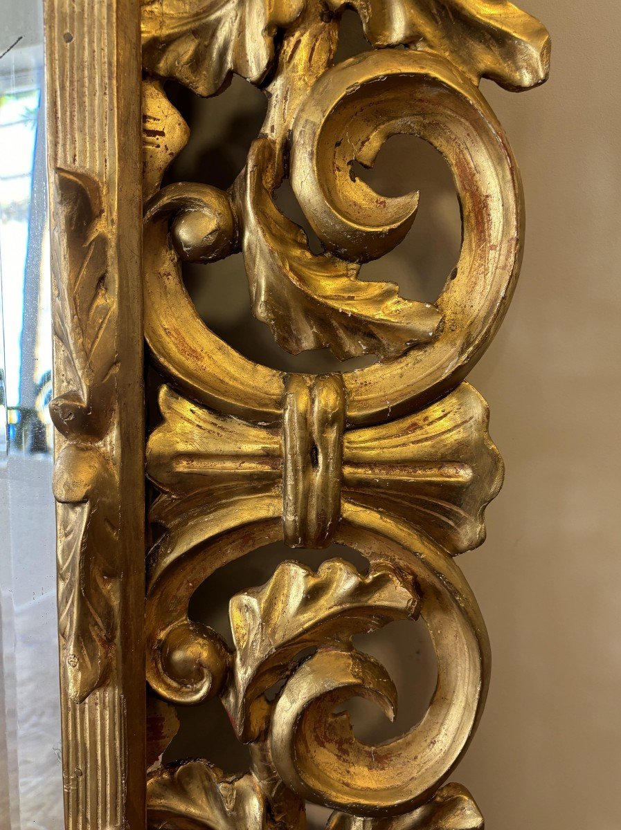 Début 20th Century Italian Mirror In Gilded Carved Wood, Decorated With Oak Leaves-photo-2