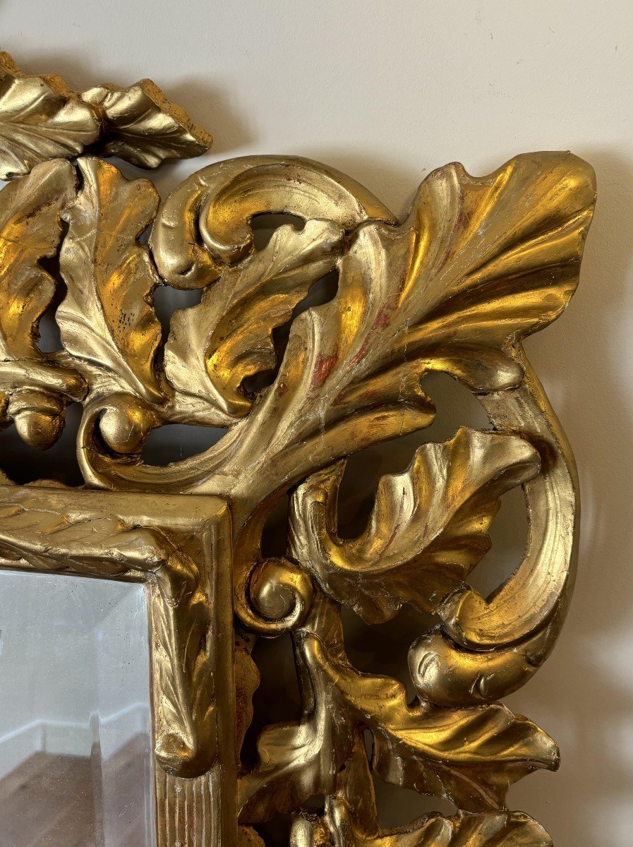 Début 20th Century Italian Mirror In Gilded Carved Wood, Decorated With Oak Leaves-photo-3