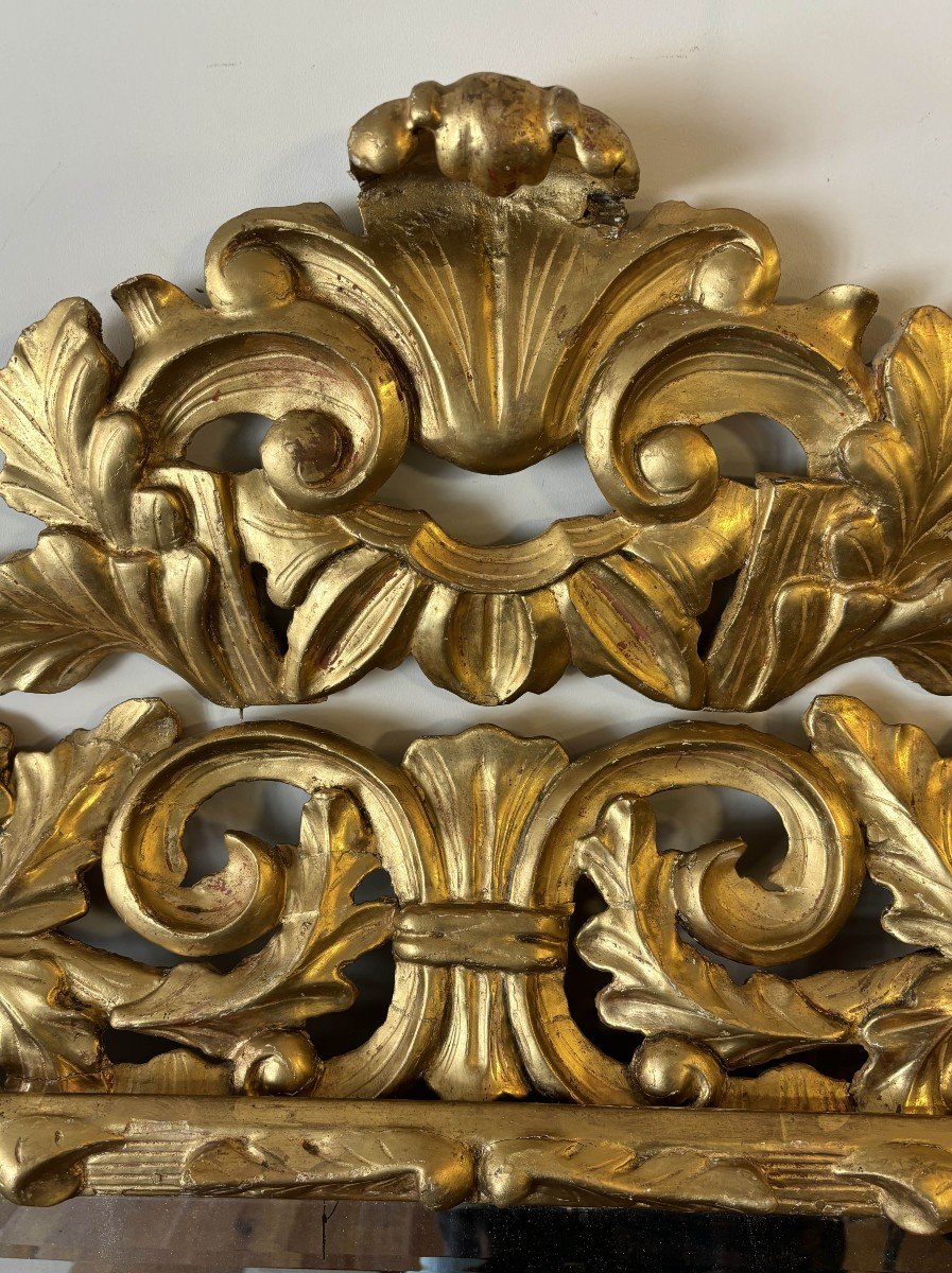 Début 20th Century Italian Mirror In Gilded Carved Wood, Decorated With Oak Leaves-photo-4