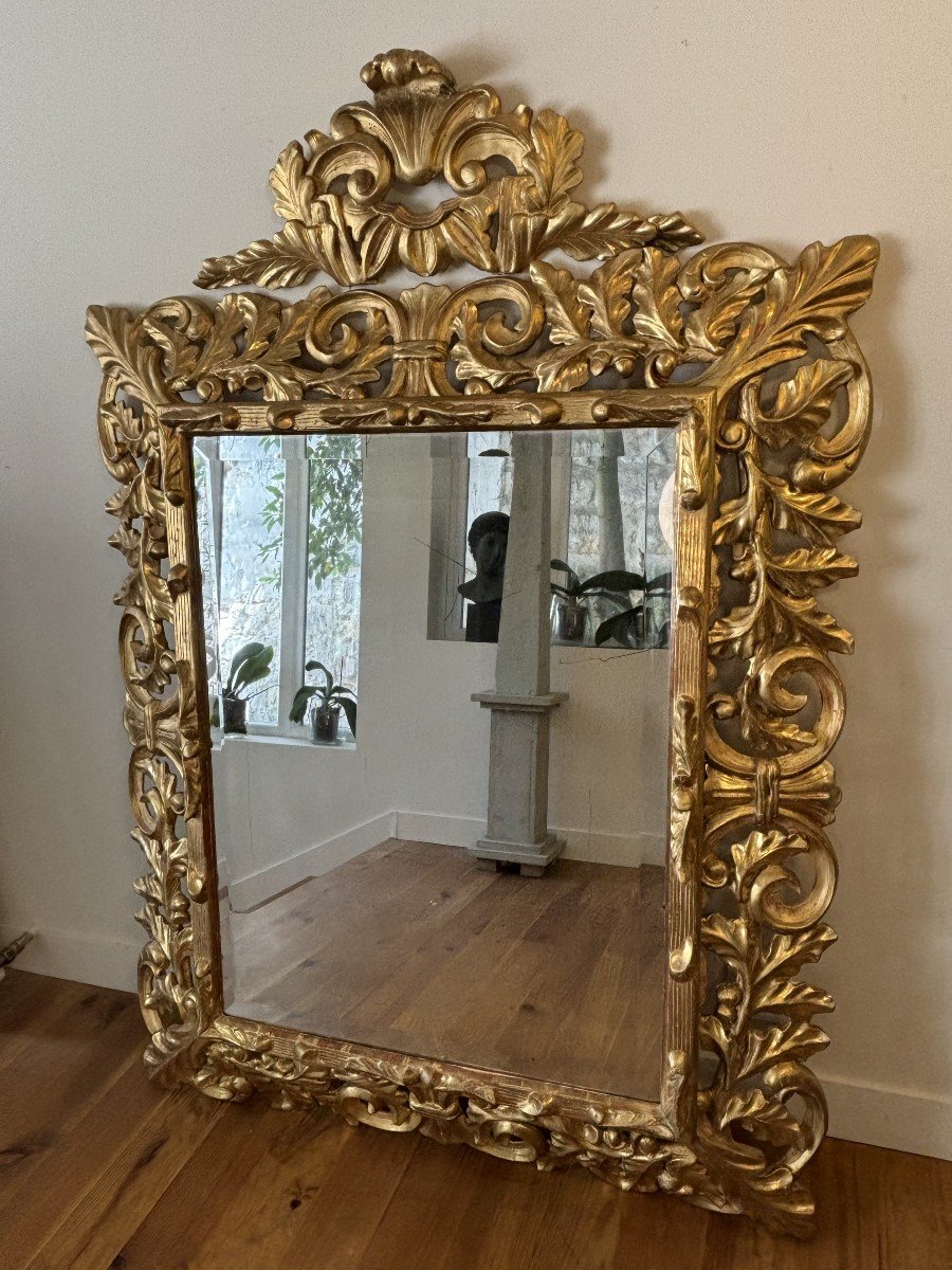 Début 20th Century Italian Mirror In Gilded Carved Wood, Decorated With Oak Leaves-photo-3