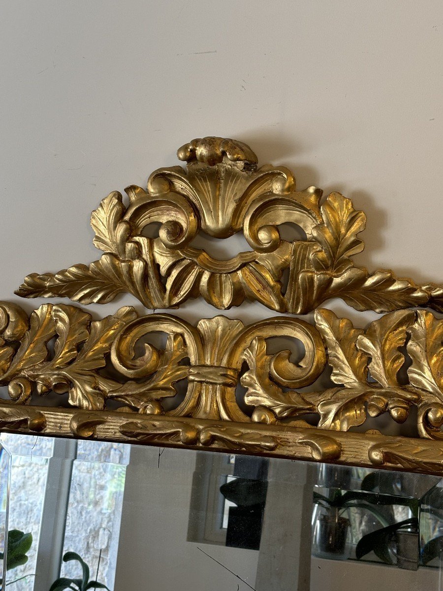 Début 20th Century Italian Mirror In Gilded Carved Wood, Decorated With Oak Leaves-photo-4