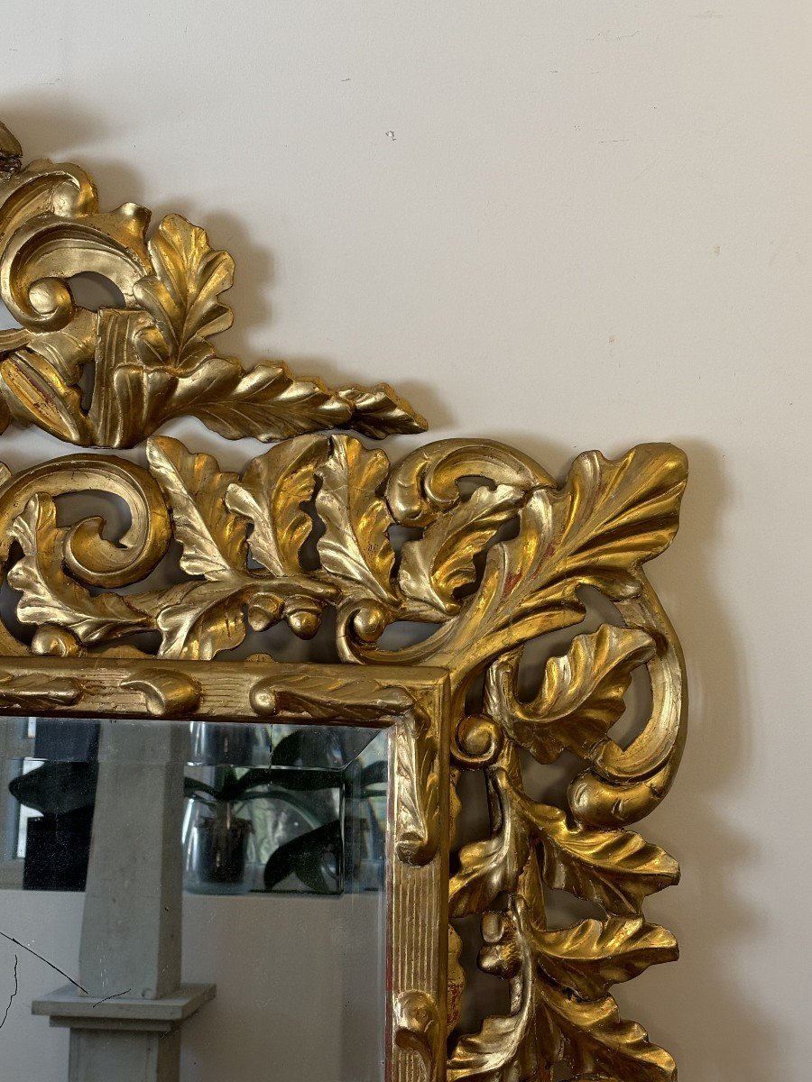 Début 20th Century Italian Mirror In Gilded Carved Wood, Decorated With Oak Leaves-photo-5