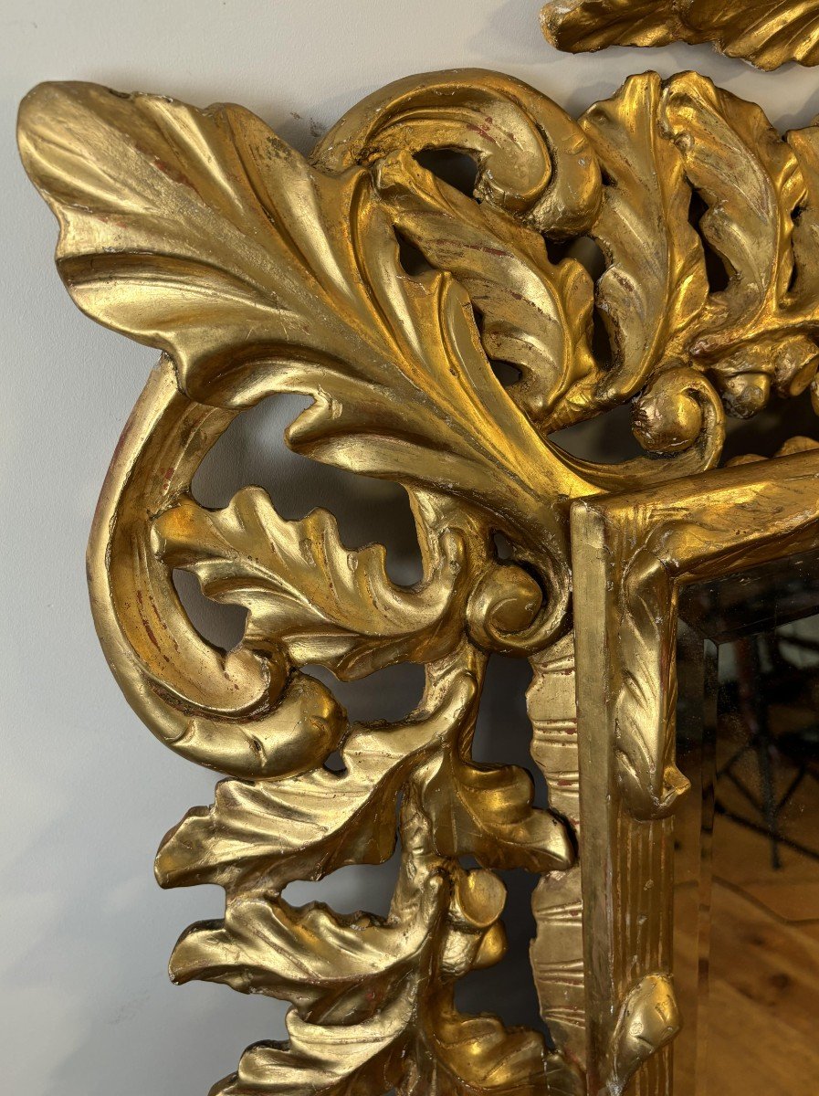 Début 20th Century Italian Mirror In Gilded Carved Wood, Decorated With Oak Leaves-photo-7