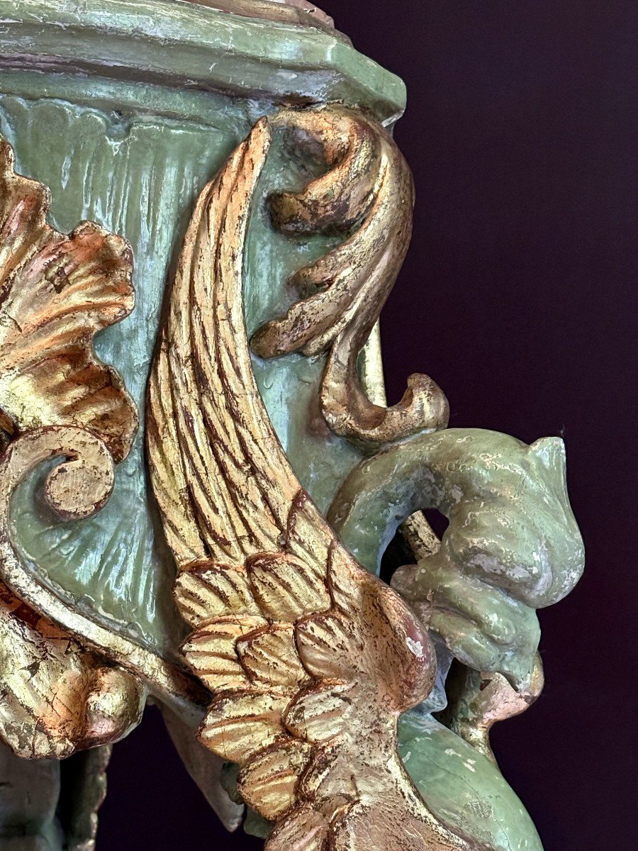 Pair Of Bolsters In Gilded And Painted Wood, Decorated With Dragons And Acanthus Leaves, Italy, 19th-photo-2