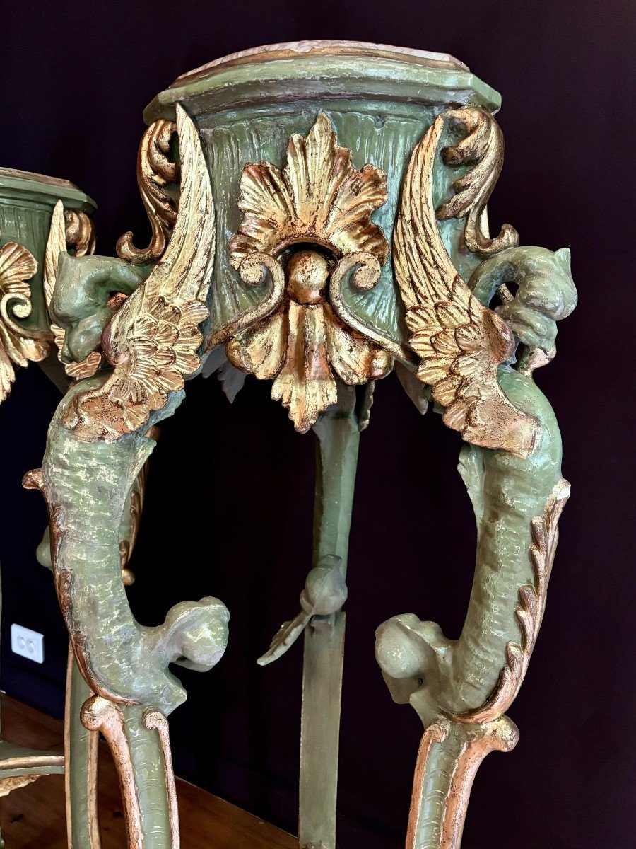 Pair Of Bolsters In Gilded And Painted Wood, Decorated With Dragons And Acanthus Leaves, Italy, 19th-photo-3