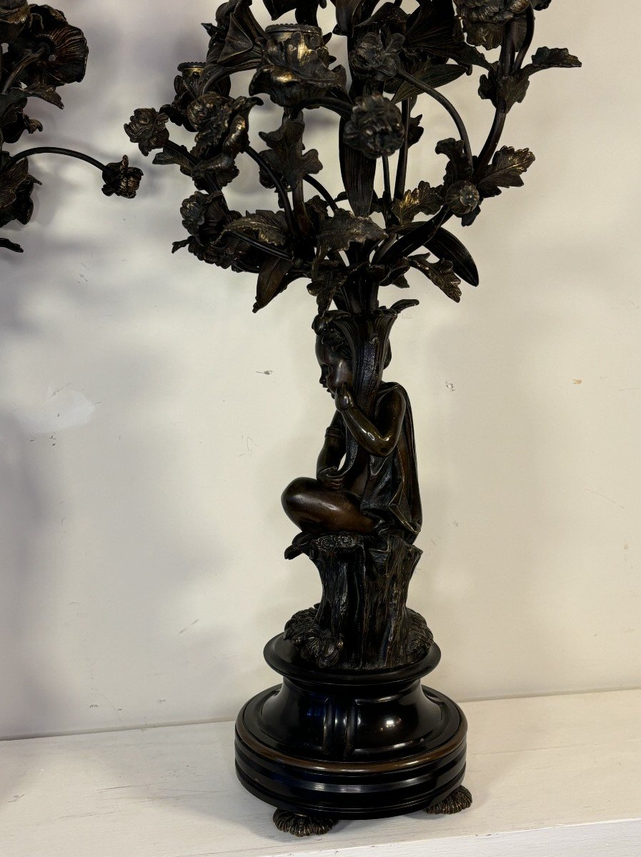 Paire De grands Candélabres à cinq lumière, En Bronze à Patine Brune, ornés de putti,19e Siècle-photo-4