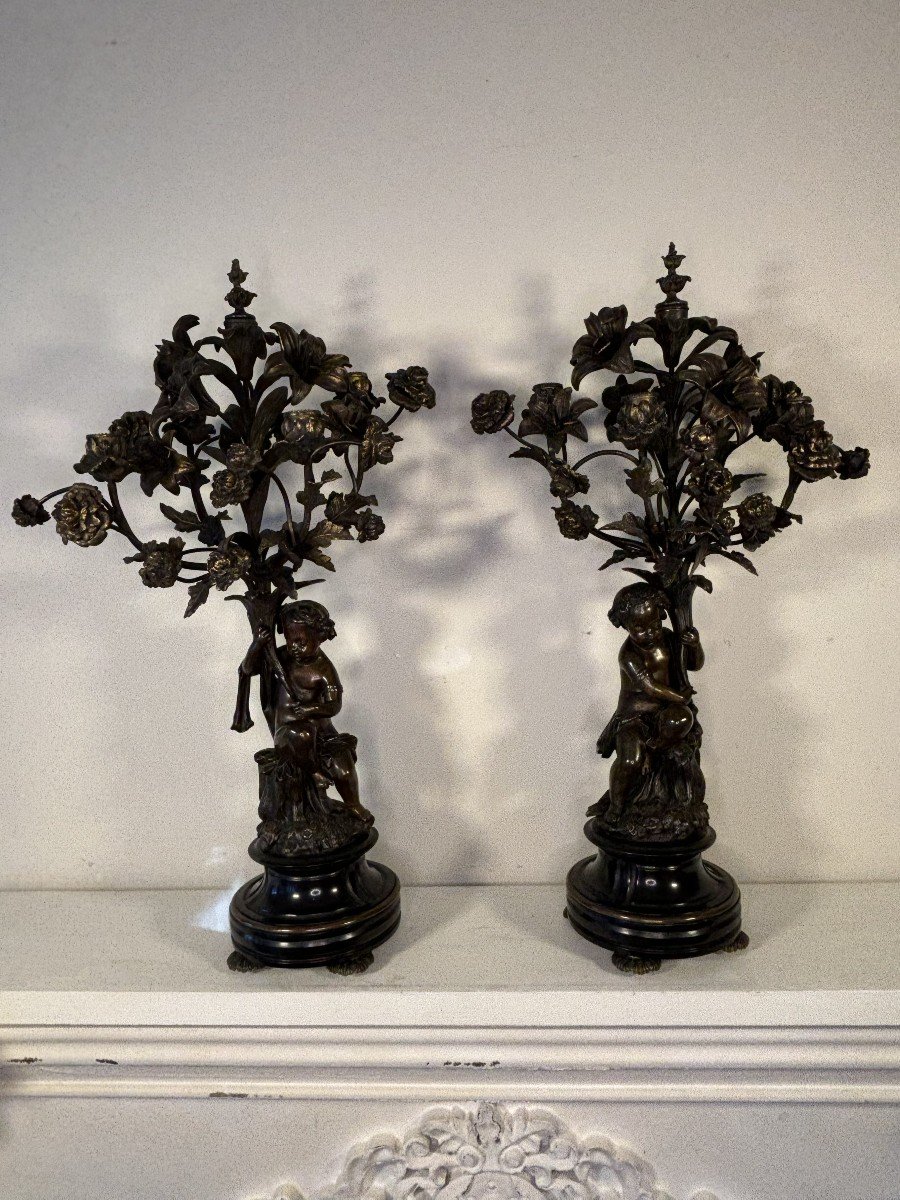 Pair Of Large Five-light Candelabra, In Bronze With Brown Patina, Decorated With Putti, 19th Century-photo-2