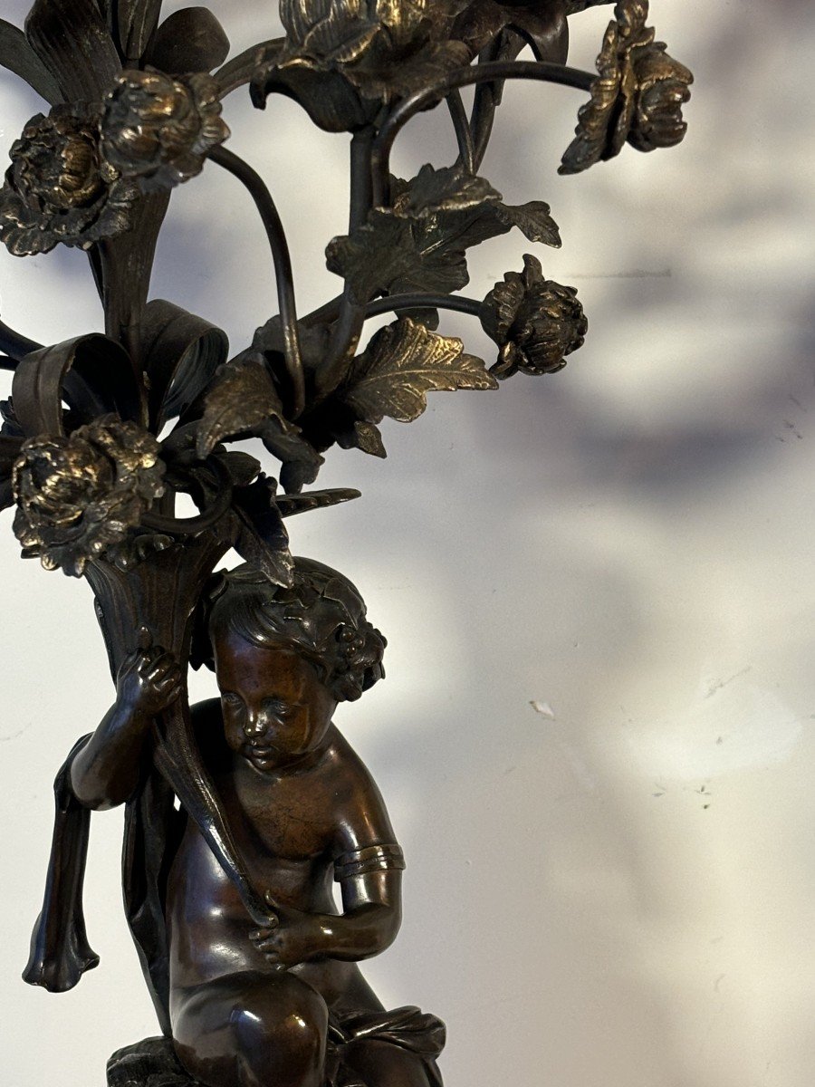 Pair Of Large Five-light Candelabra, In Bronze With Brown Patina, Decorated With Putti, 19th Century