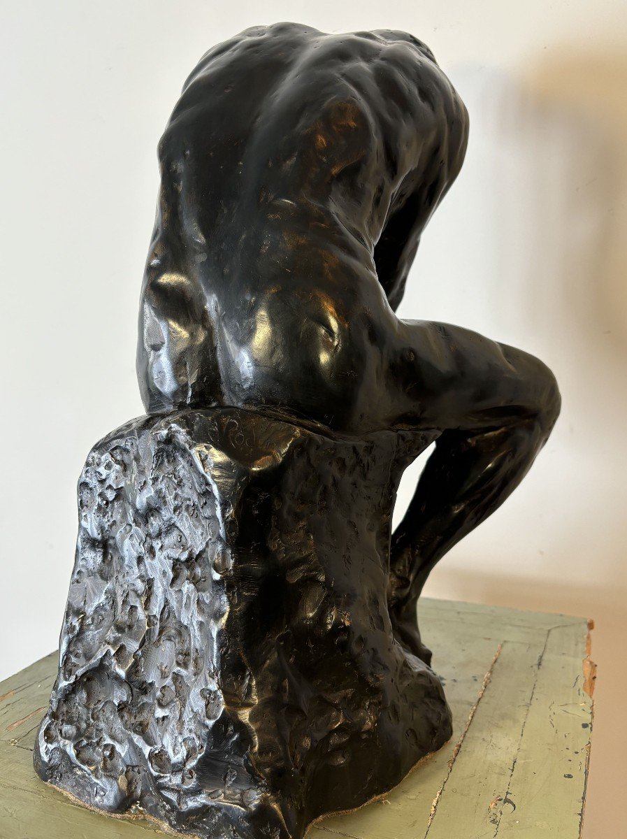 Large Bronze With Black Patina Representing "the Thinker", After Auguste Rodin. 20th Century.-photo-3