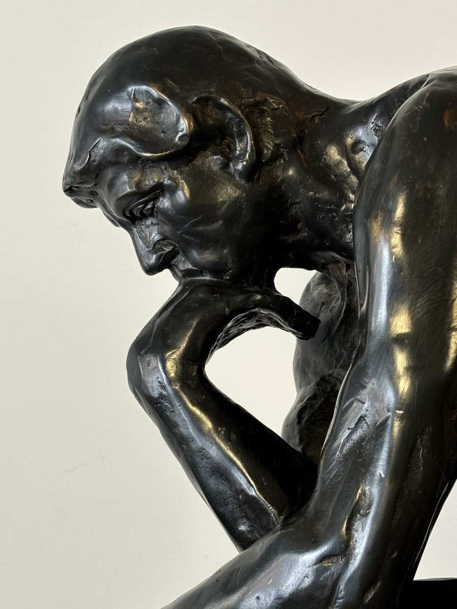 Large Bronze With Black Patina Representing "the Thinker", After Auguste Rodin. 20th Century.-photo-3