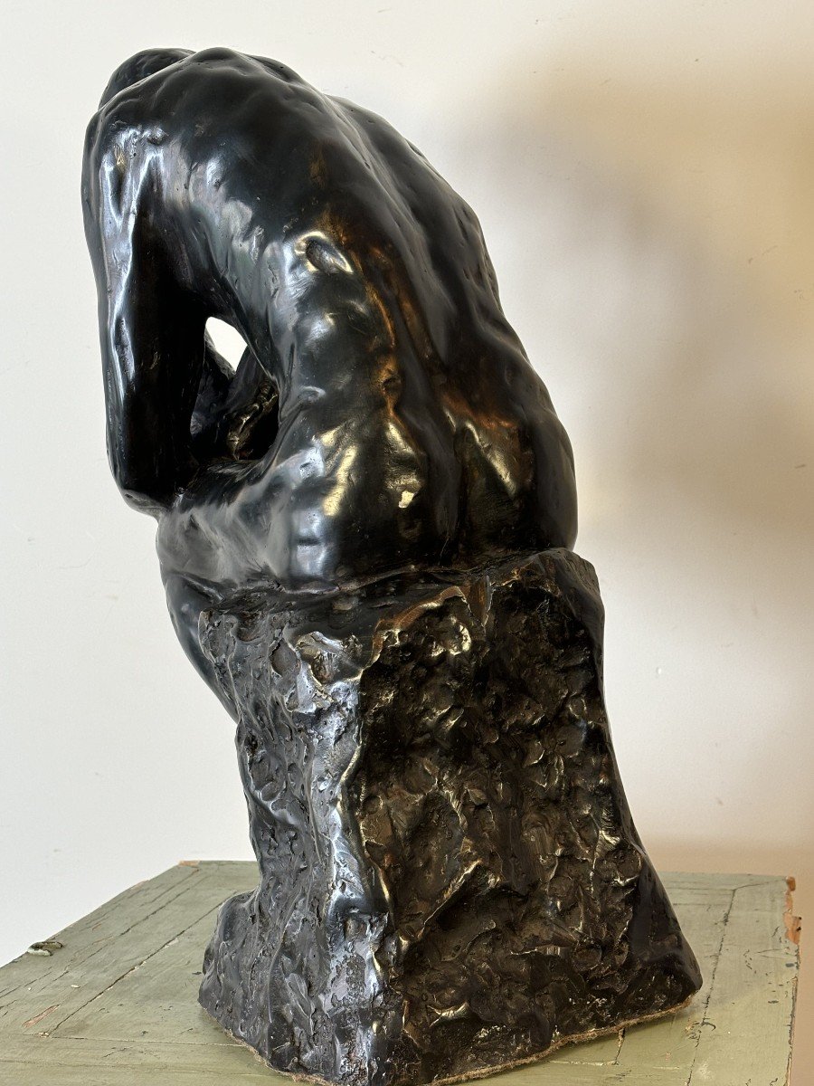 Large Bronze With Black Patina Representing "the Thinker", After Auguste Rodin. 20th Century.-photo-5