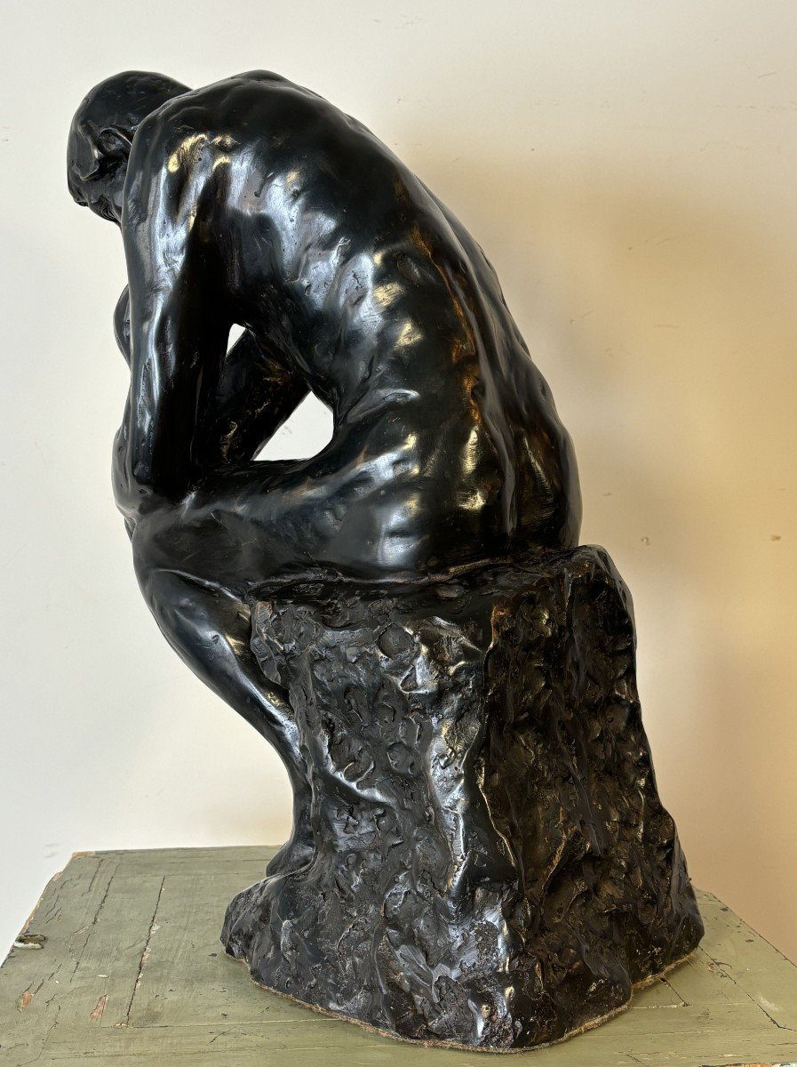 Large Bronze With Black Patina Representing "the Thinker", After Auguste Rodin. 20th Century.-photo-6