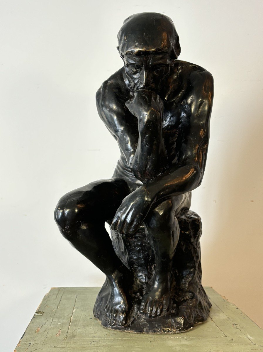 Large Bronze With Black Patina Representing "the Thinker", After Auguste Rodin. 20th Century.-photo-7