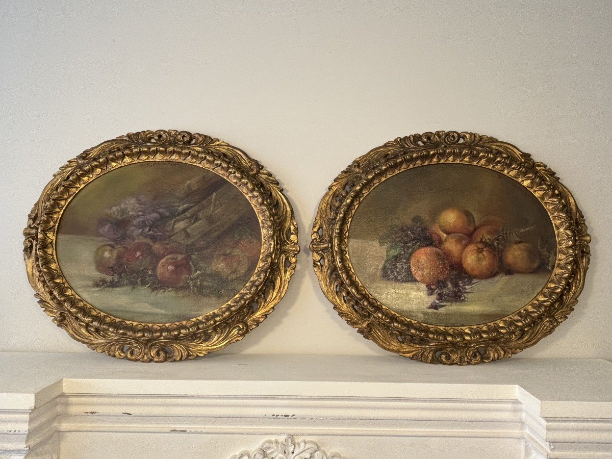 Pair Of Oval Oils On Canvas, Still Lifes, Signed Piero Galanti, 20th Century.