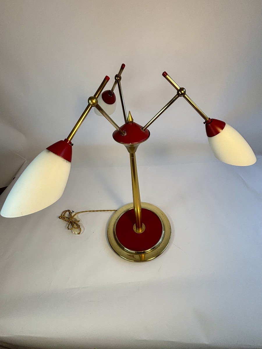 Lampe à  Poser à Trois Lumières en laiton doré et laquée rouge, Stilnovo, milieu 20e, Italie-photo-3