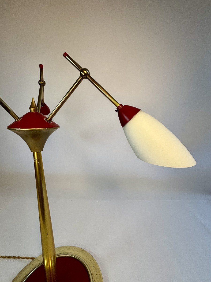 Lampe à  Poser à Trois Lumières en laiton doré et laquée rouge, Stilnovo, milieu 20e, Italie-photo-4