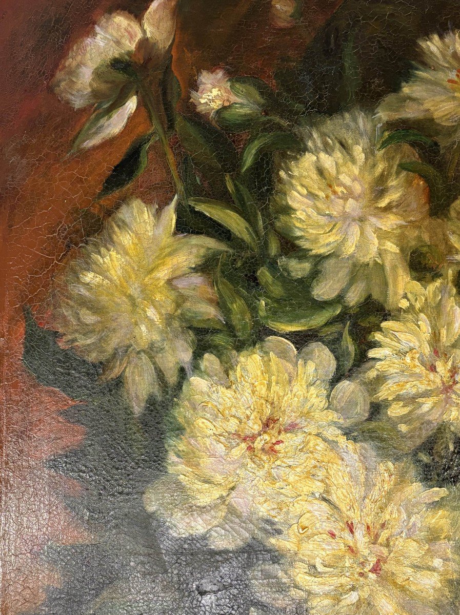 Huile Sur Toile Bouquet De Dahlias, 19e Siècle-photo-4