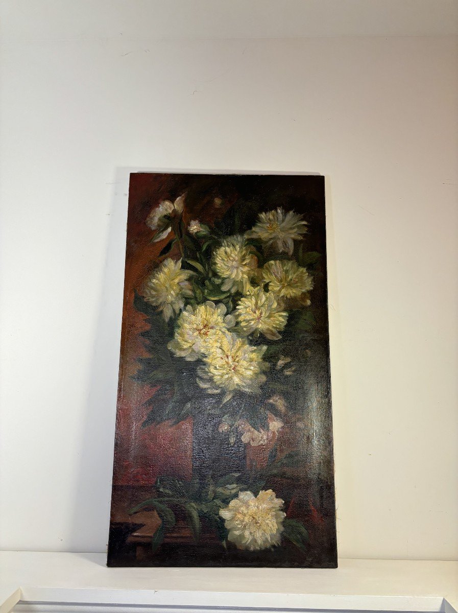 Huile Sur Toile Bouquet De Dahlias, 19e Siècle-photo-1