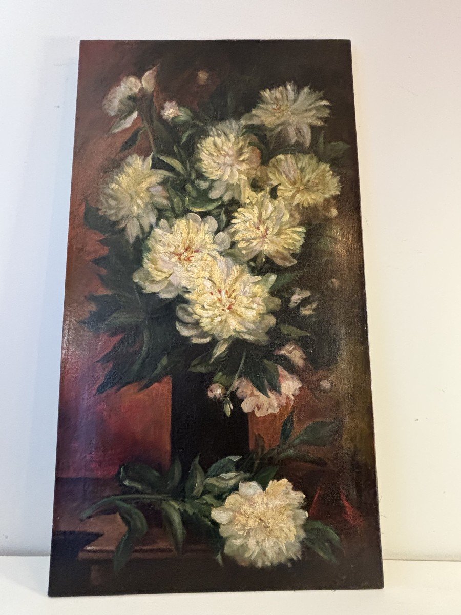 Huile Sur Toile Bouquet De Dahlias, 19e Siècle