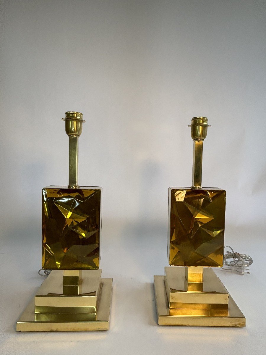 Pair Of 80's Leucos Glass Lamps, Contemporary Mounting-photo-5