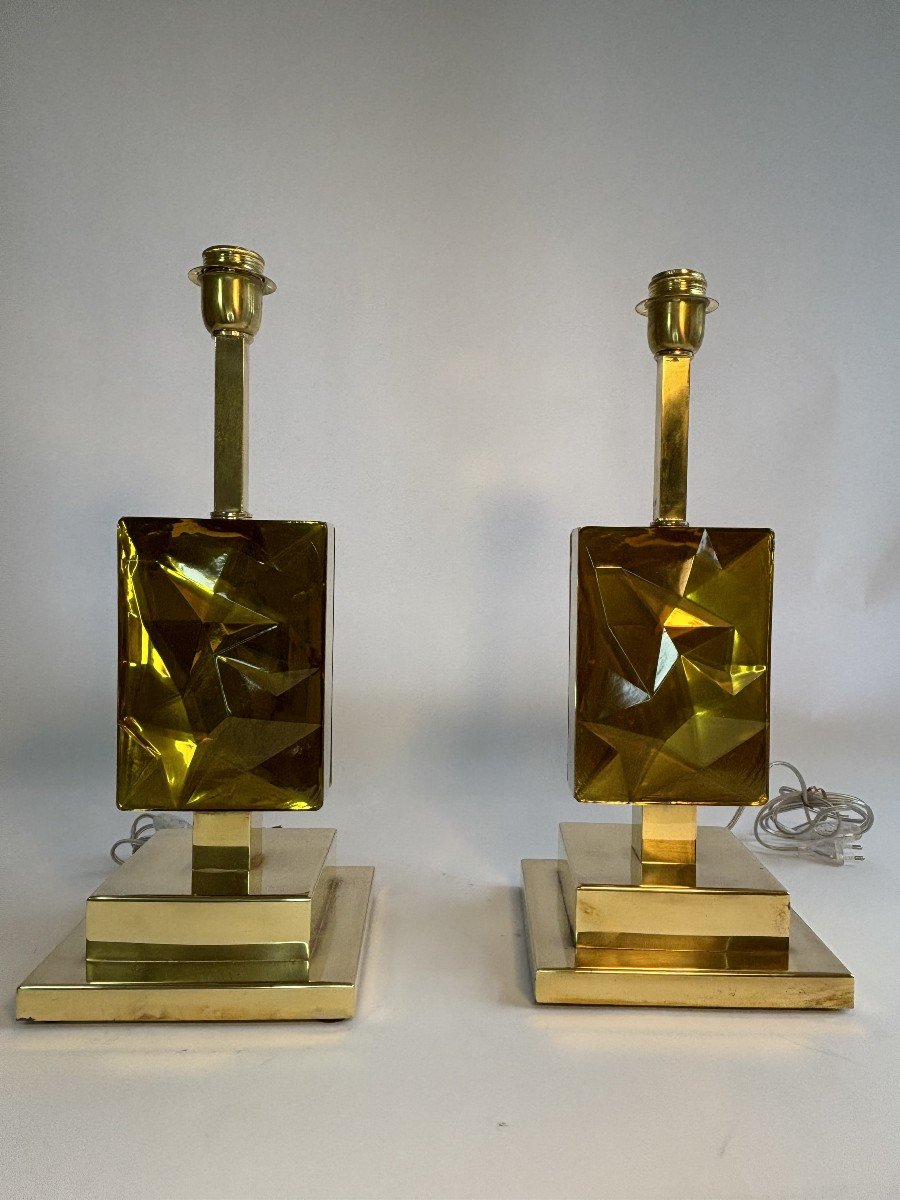 Pair Of 80's Leucos Glass Lamps, Contemporary Mounting