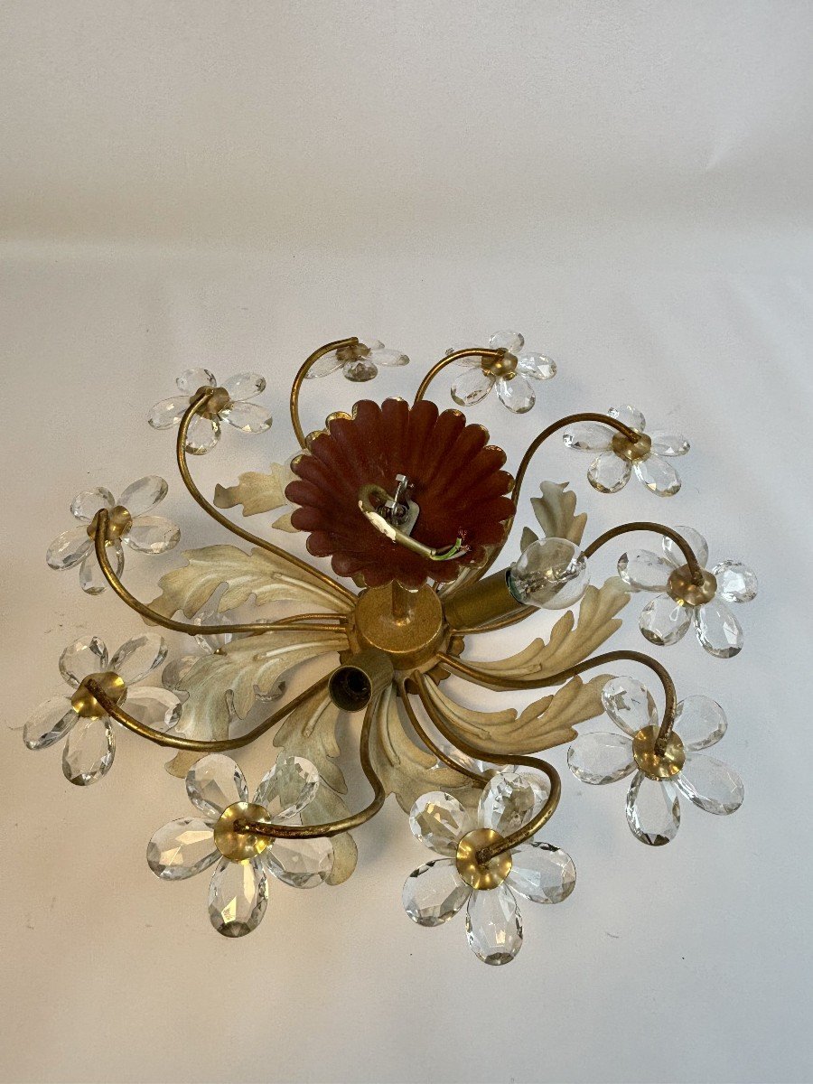 Vintage Ceiling Light In Painted And Gold Metal, Crystal Flowers, 70s-photo-2