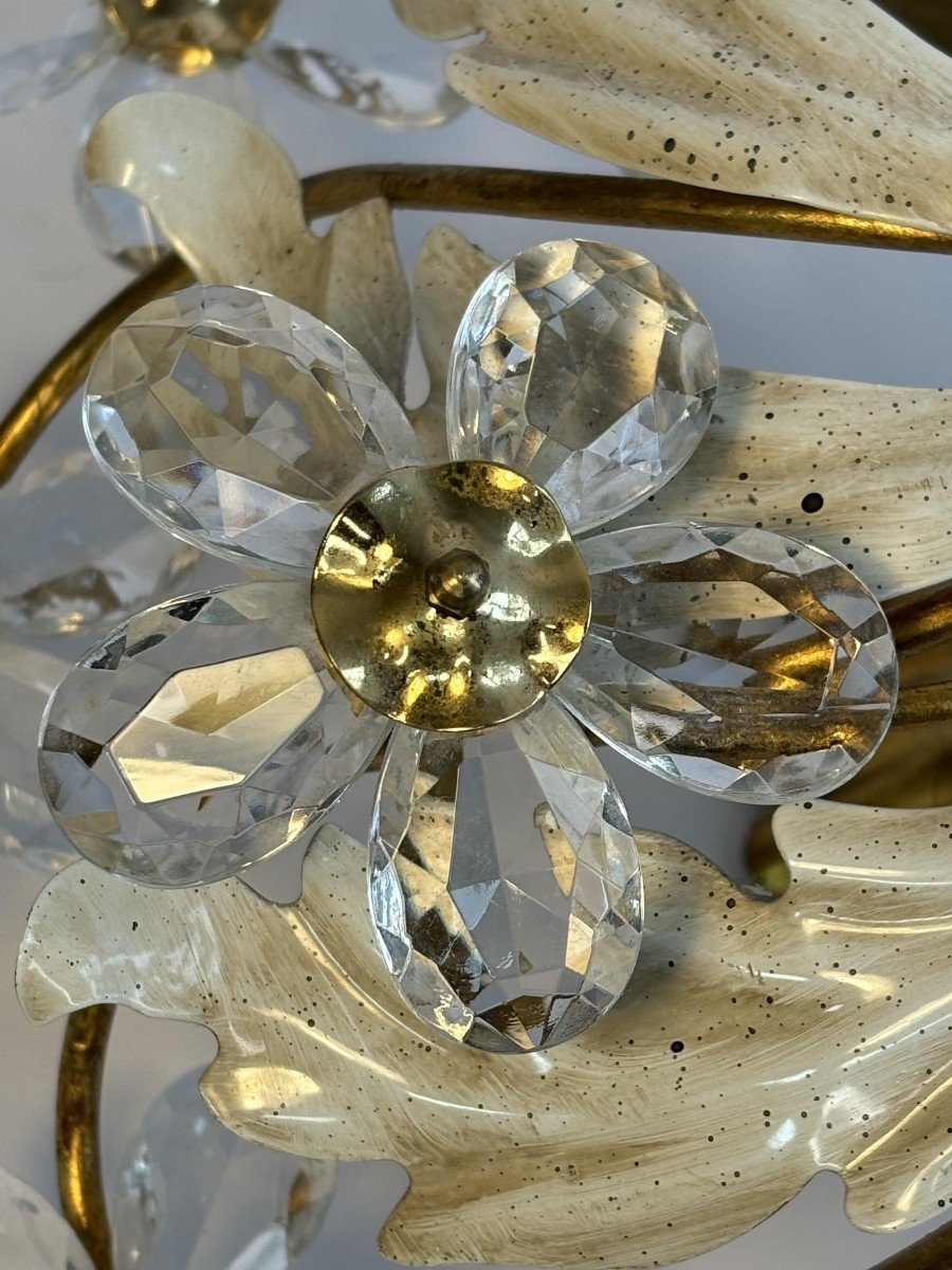 Vintage Ceiling Light In Painted And Gold Metal, Crystal Flowers, 70s-photo-3