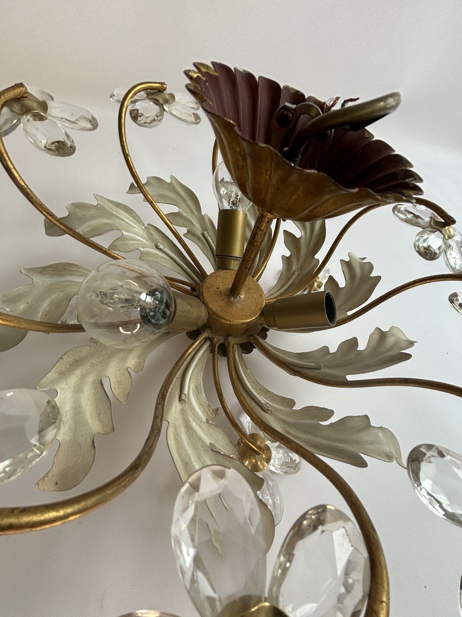 Vintage Ceiling Light In Painted And Gold Metal, Crystal Flowers, 70s-photo-4