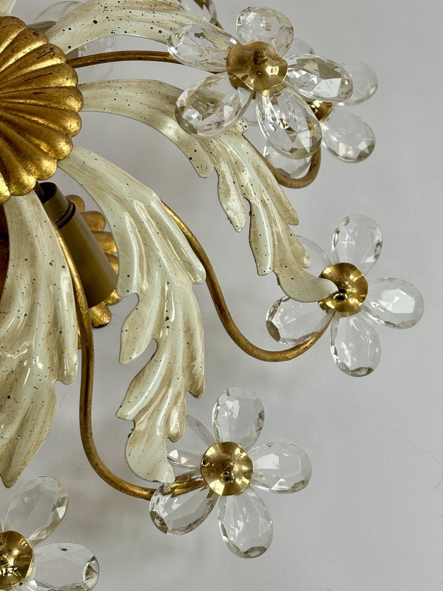 Vintage Ceiling Light In Painted And Gold Metal, Crystal Flowers, 70s-photo-1