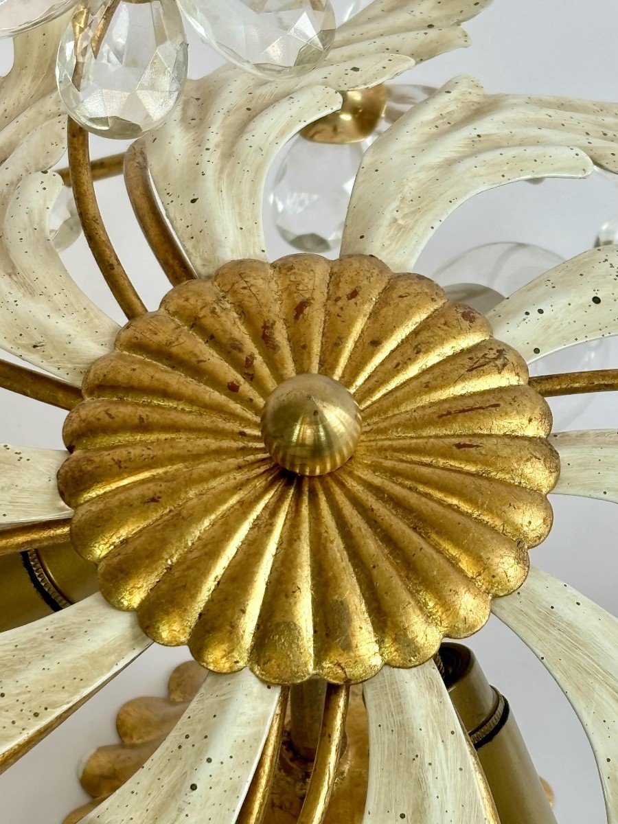 Vintage Ceiling Light In Painted And Gold Metal, Crystal Flowers, 70s-photo-2