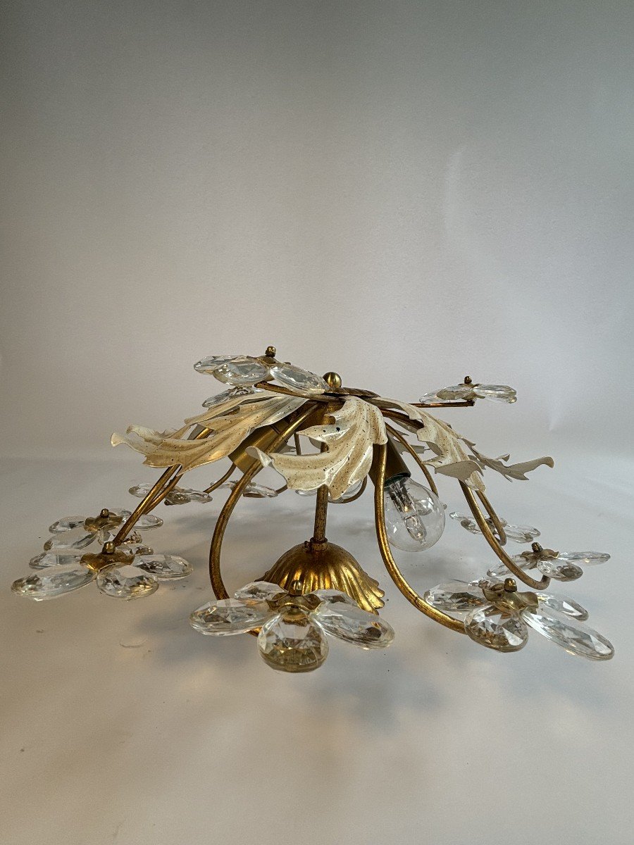 Vintage Ceiling Light In Painted And Gold Metal, Crystal Flowers, 70s-photo-3