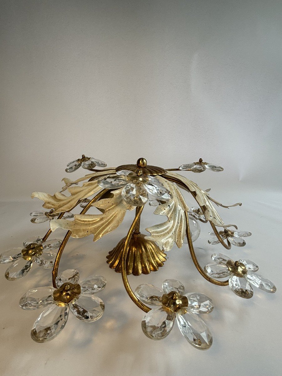 Vintage Ceiling Light In Painted And Gold Metal, Crystal Flowers, 70s-photo-4