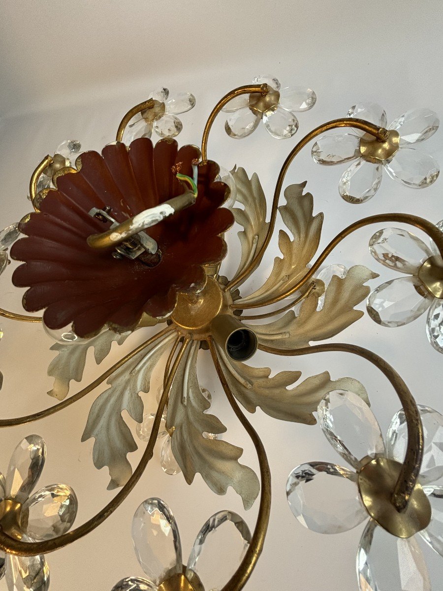 Vintage Ceiling Light In Painted And Gold Metal, Crystal Flowers, 70s-photo-5