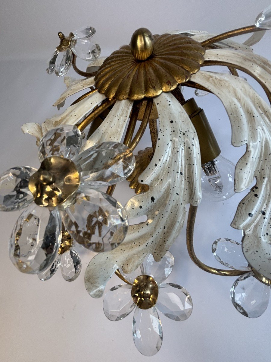 Vintage Ceiling Light In Painted And Gold Metal, Crystal Flowers, 70s-photo-6