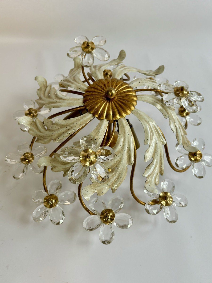 Vintage Ceiling Light In Painted And Gold Metal, Crystal Flowers, 70s