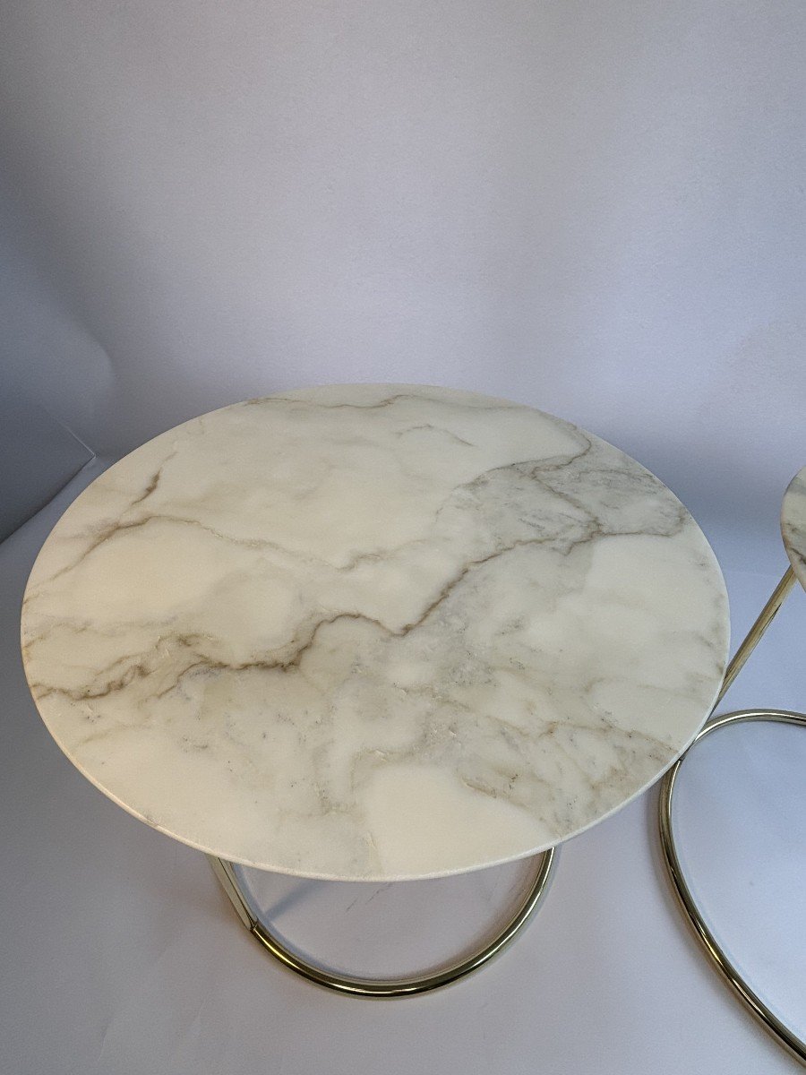 White Marble & Brass Side Or Coffee Tables, 1970s, Italian Design-photo-3