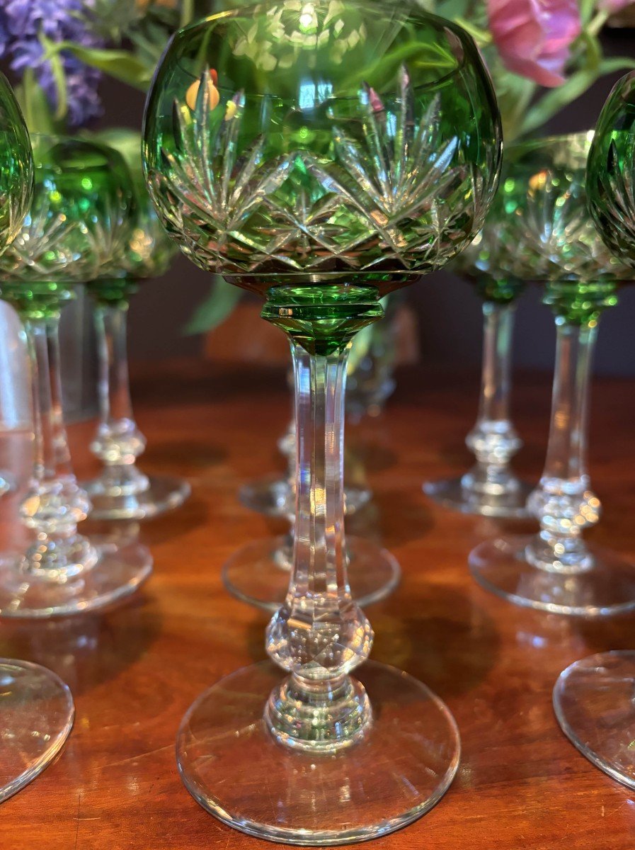 Cristallerie Saint Louis, Set Of Twelve Crystal Wine Glasses, Massenet Green Model-photo-2