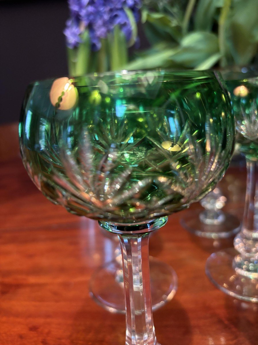 Cristallerie Saint Louis, Set Of Twelve Crystal Wine Glasses, Massenet Green Model-photo-2