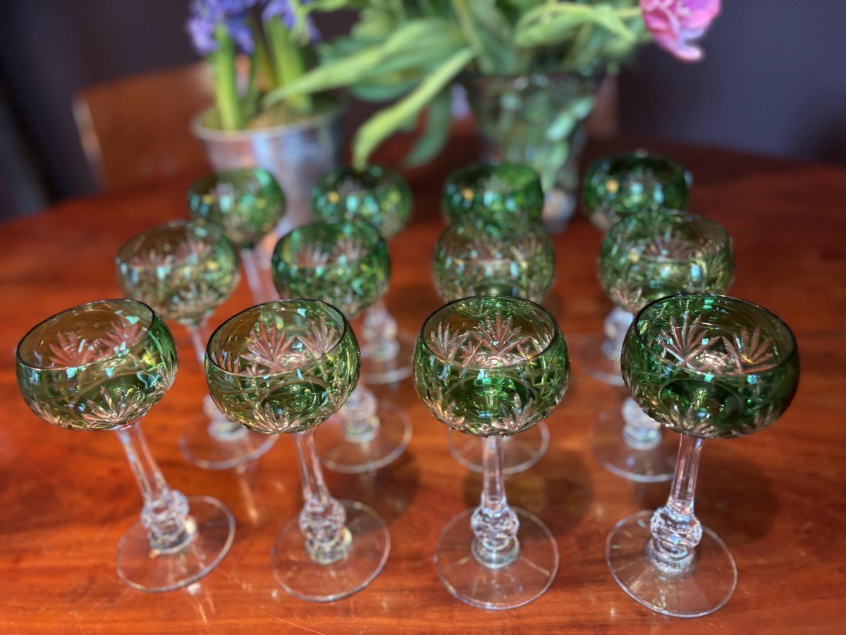 Cristallerie Saint Louis, Set Of Twelve Crystal Wine Glasses, Massenet Green Model-photo-4