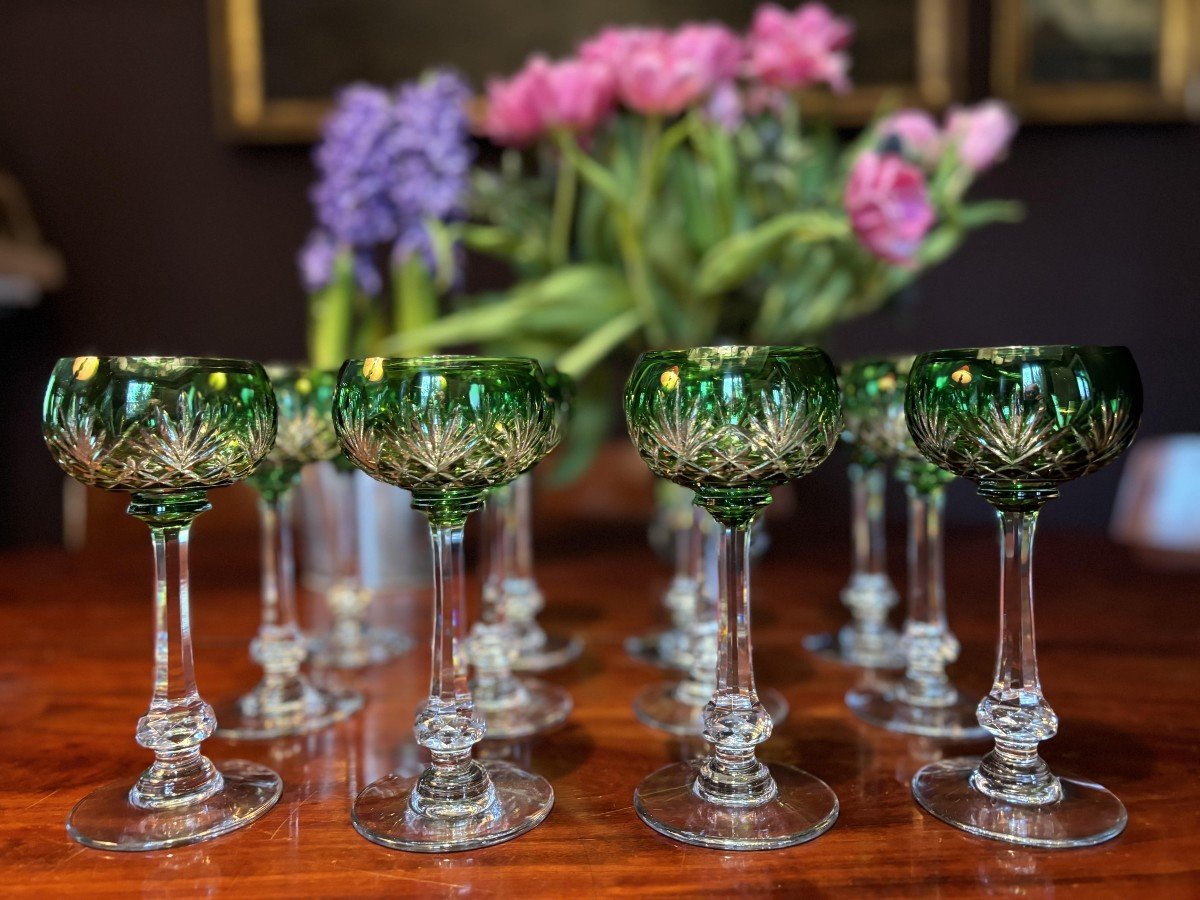 Cristallerie Saint Louis, Set Of Twelve Crystal Wine Glasses, Massenet Green Model