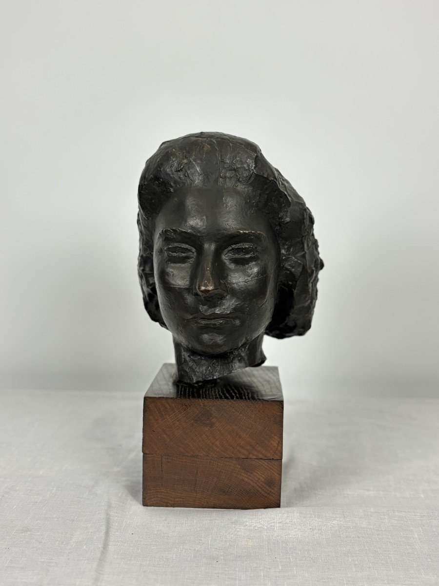 Buste en bronze Tête De Femme Sur Socle En Bois, Patine Brune.-photo-2