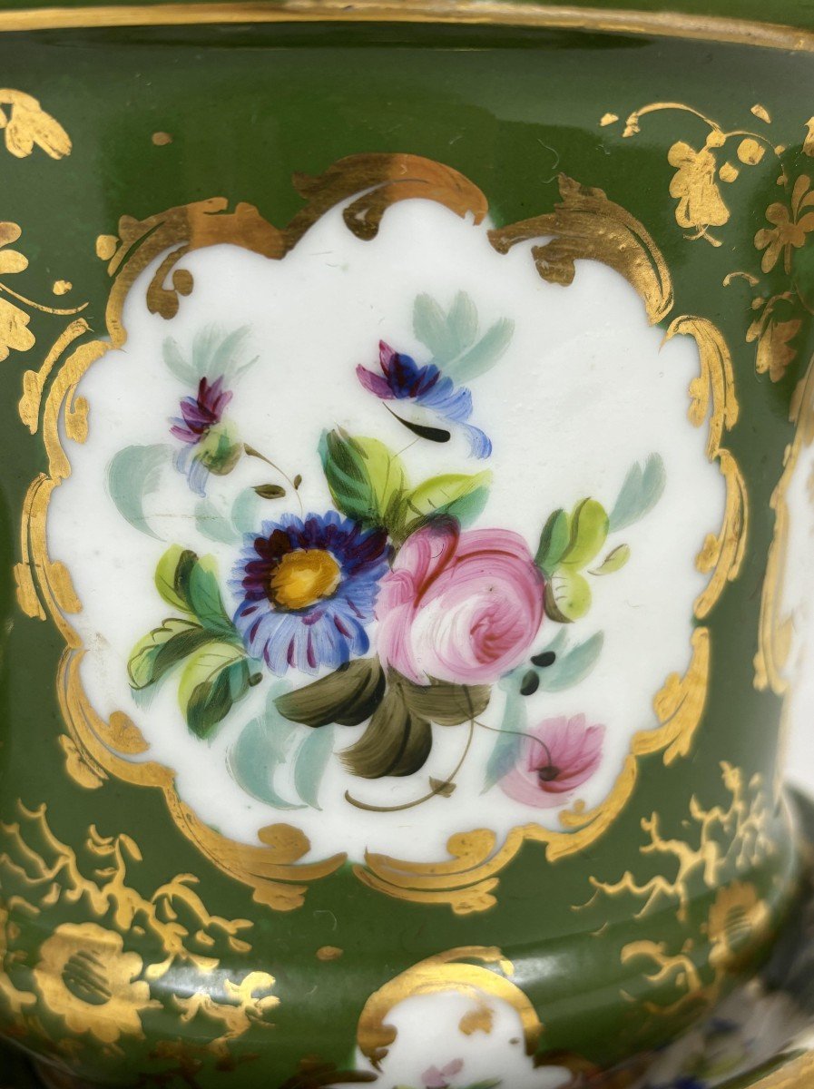 Pair Of Paris Porcelain Planters With Green Ground And Floral And Gold Motifs, 19th Century-photo-1