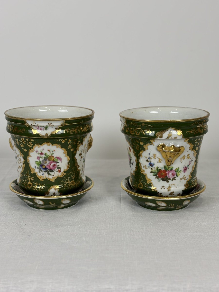 Pair Of Paris Porcelain Planters With Green Ground And Floral And Gold Motifs, 19th Century-photo-2