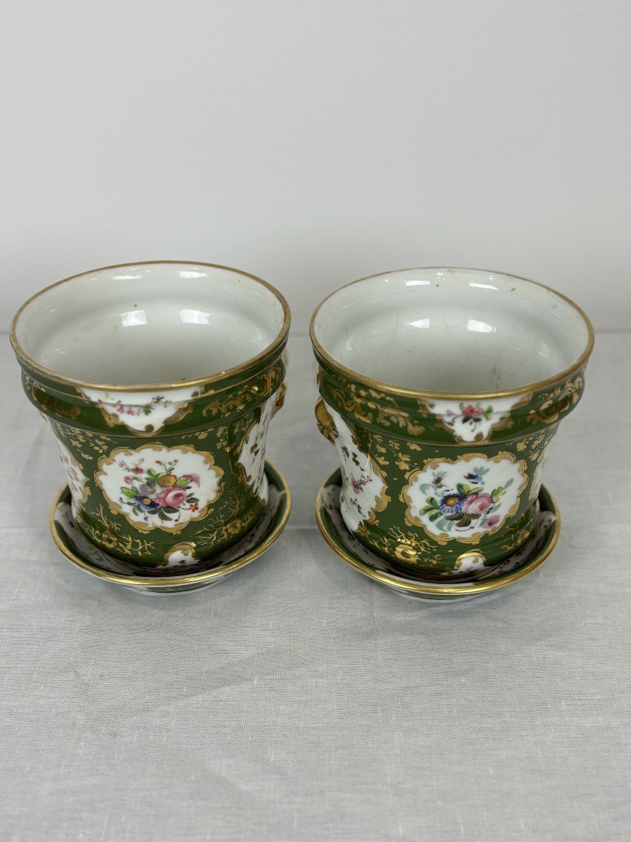 Pair Of Paris Porcelain Planters With Green Ground And Floral And Gold Motifs, 19th Century-photo-6