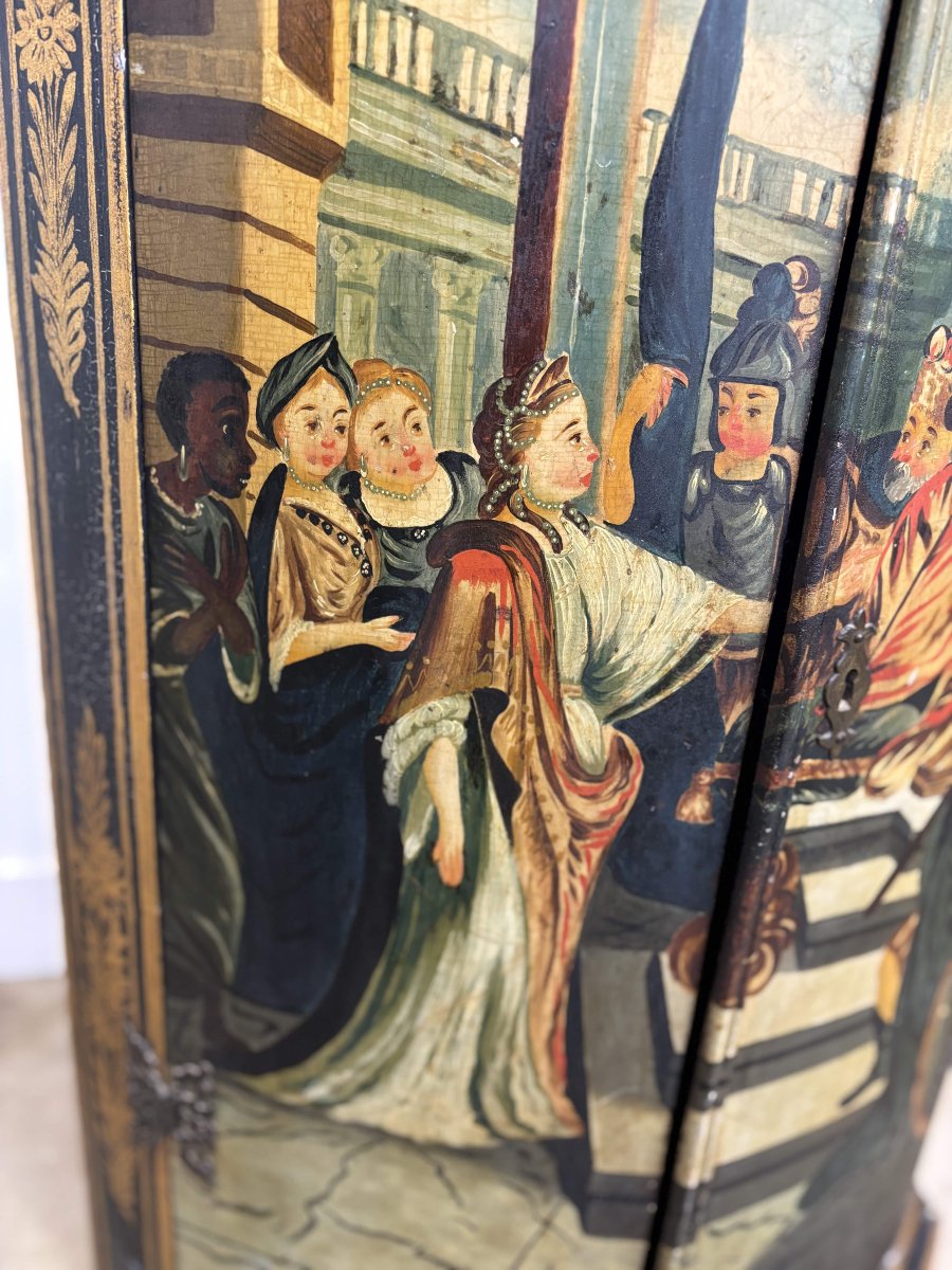 Painted, Polychrome Corner Cupboard With Court Scene Decoration - French Work - Circa 1900-photo-2