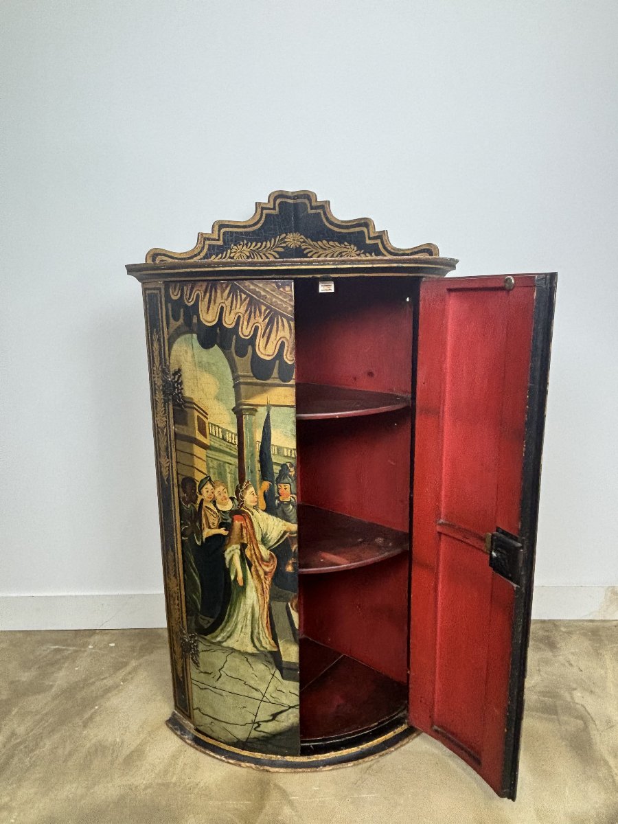 Painted, Polychrome Corner Cupboard With Court Scene Decoration - French Work - Circa 1900-photo-8