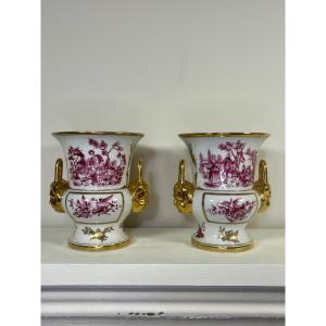Pair Of Paris Porcelain Vases, Decorated With Genre Scenes, Doves And Putti 